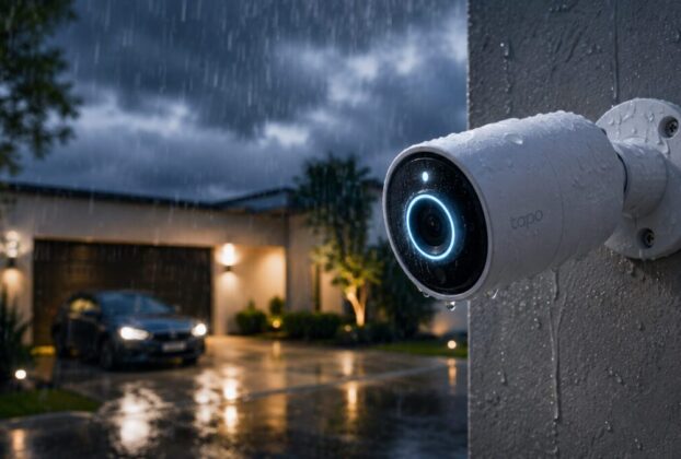 Aparelho de monitoramento residencial do tipo cameras de segurança wifi instalado na parede externa de uma casa sob chuva fina à noite