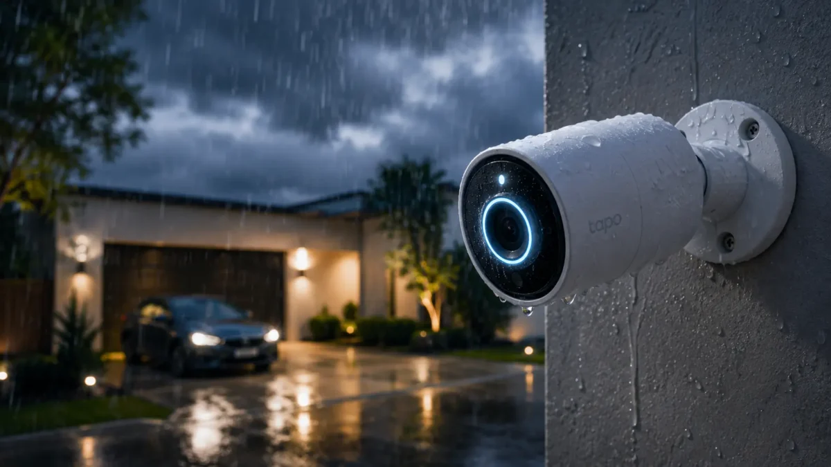 Aparelho de monitoramento residencial do tipo cameras de segurança wifi instalado na parede externa de uma casa sob chuva fina à noite