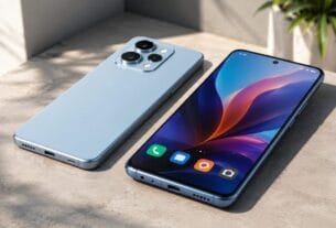um par de celular até 1500 reais e modernos posicionados lado a lado exibindo telas ligadas coloridas sobre superfície cinza limpa