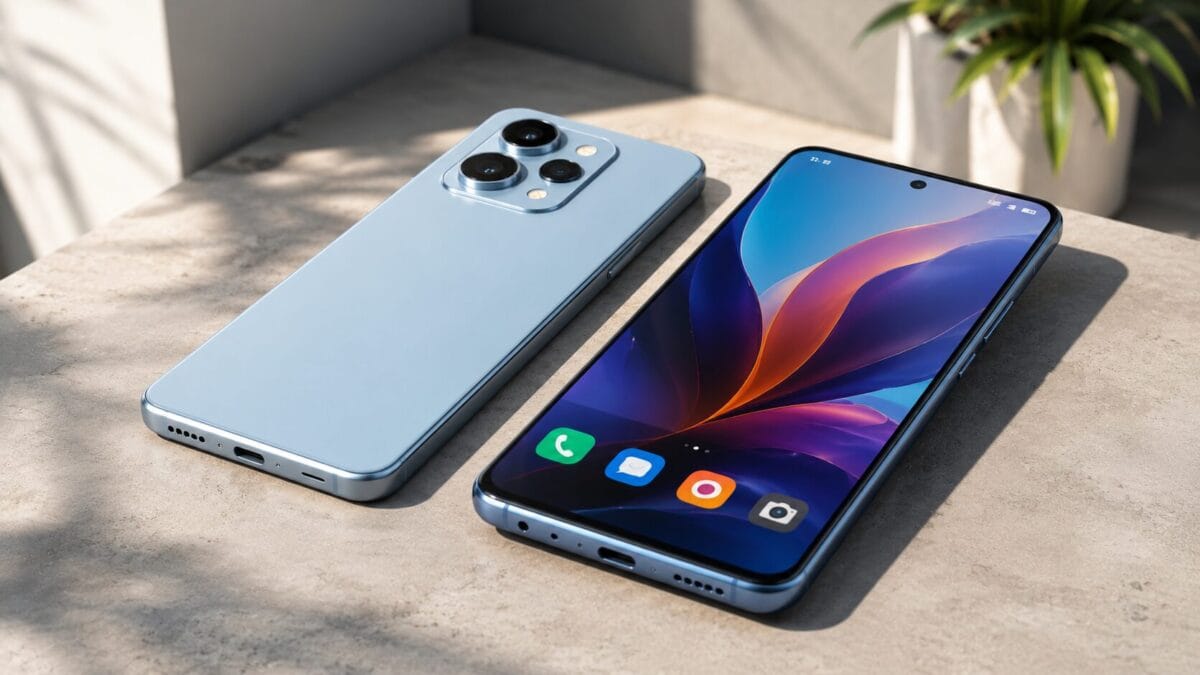 um par de celular até 1500 reais e modernos posicionados lado a lado exibindo telas ligadas coloridas sobre superfície cinza limpa