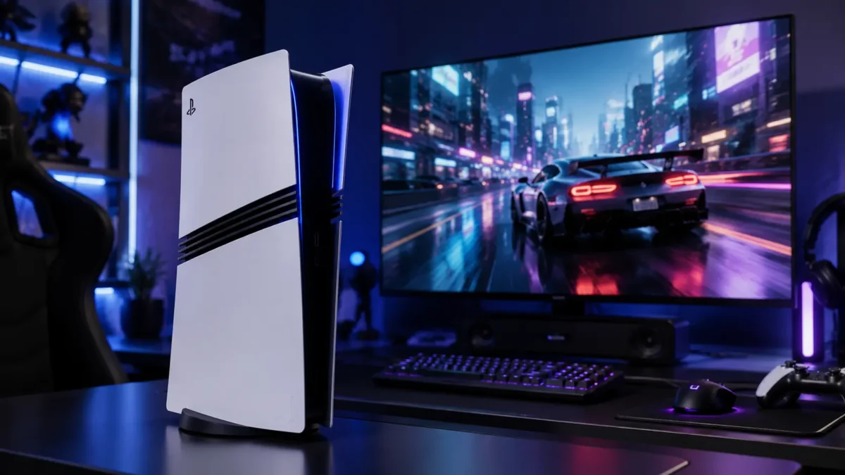 Console PlayStation 5 Pro preto e branco posicionado verticalmente em uma mesa gamer com luzes LED azuis ao fundo