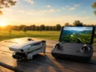 Drone compacto de marca famosa dobrado sobre mesa de madeira ao lado de controle remoto exibindo imagem de voo em parque aberto