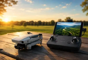 Drone compacto de marca famosa dobrado sobre mesa de madeira ao lado de controle remoto exibindo imagem de voo em parque aberto