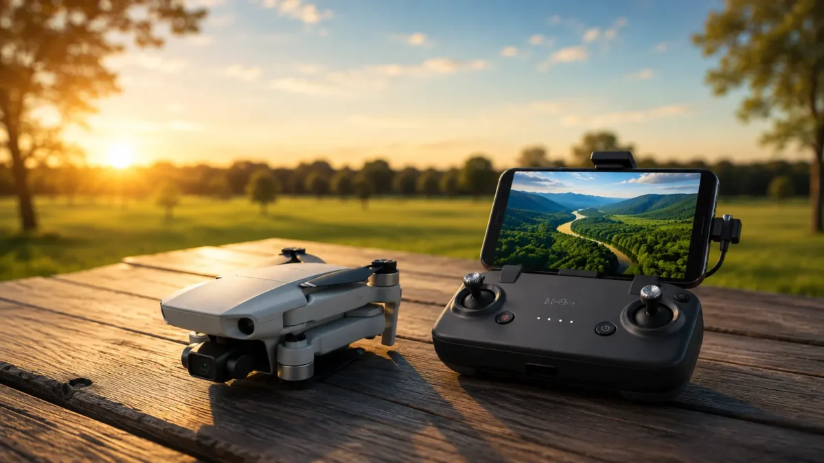 Drone compacto de marca famosa dobrado sobre mesa de madeira ao lado de controle remoto exibindo imagem de voo em parque aberto