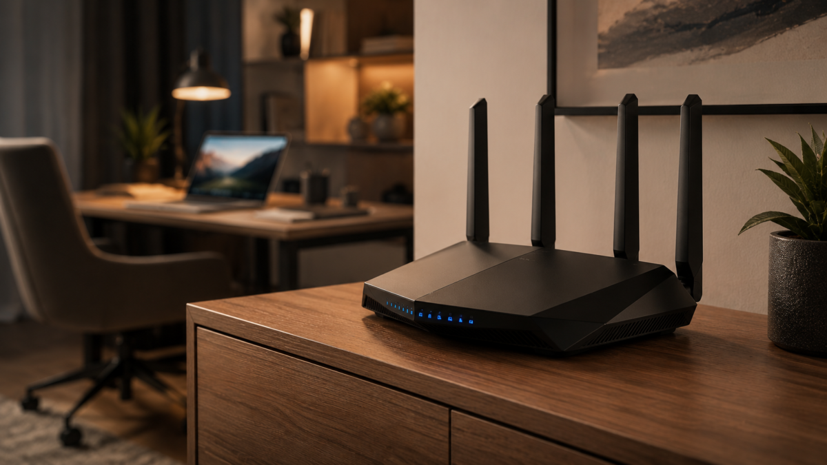 Melhor Roteador Wifi 6: Top 3 para Casa e Home Office em 2026 1 Melhor roteador wifi 6 preto de quatro antenas com luzes azuis acesas posicionado sobre balcão de madeira em sala moderna