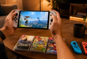 Console portátil exibindo jogo colorido na tela cercado por caixas dos melhores jogos nintendo sobre mesa de madeira