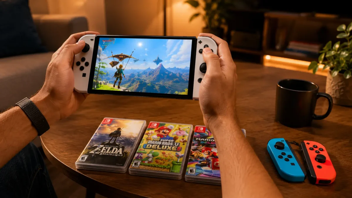 Melhores Jogos Nintendo Switch: Top 3 Títulos Obrigatórios 1 Console portátil exibindo jogo colorido na tela cercado por caixas dos melhores jogos nintendo sobre mesa de madeira