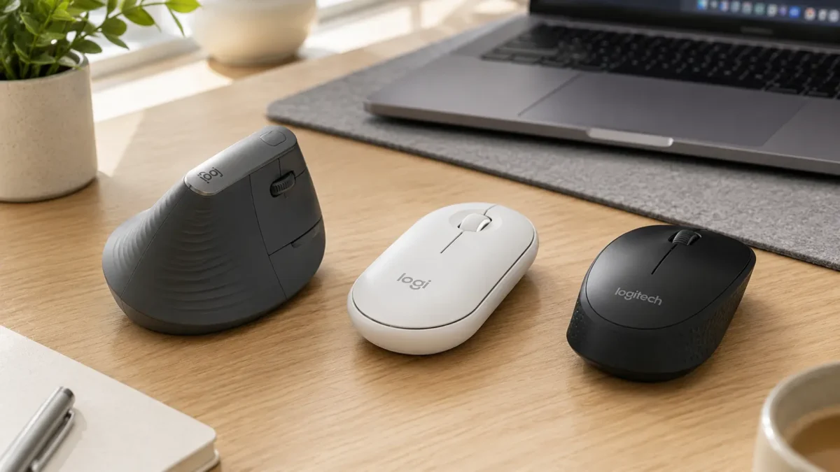 Mouse wireless Logitech: Top 3 Modelos para Produtividade e Conforto em 2026 1 Aparelhos de informática do tipo mouse wireless logitech organizados sobre mesa de trabalho moderna de escritório