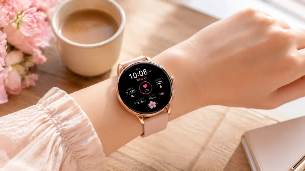relógio Feminino Smartwatch Bom e Barato: Guia por Faixa de Preço 1 Dispositivo do tipo relógio feminino smartwatch rosa delicado no pulso de uma mulher sobre mesa de madeira decorada