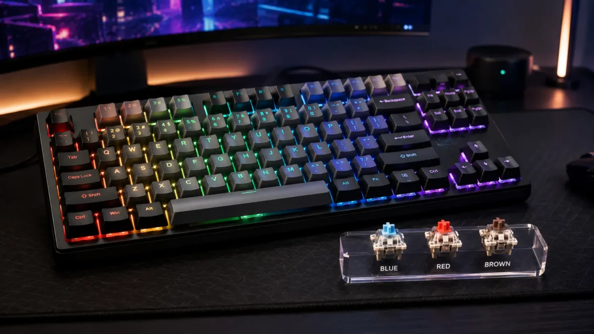 Periférico do tipo teclado mecanico gamer com luzes RGB acesas sobre mesa de computador de jogos