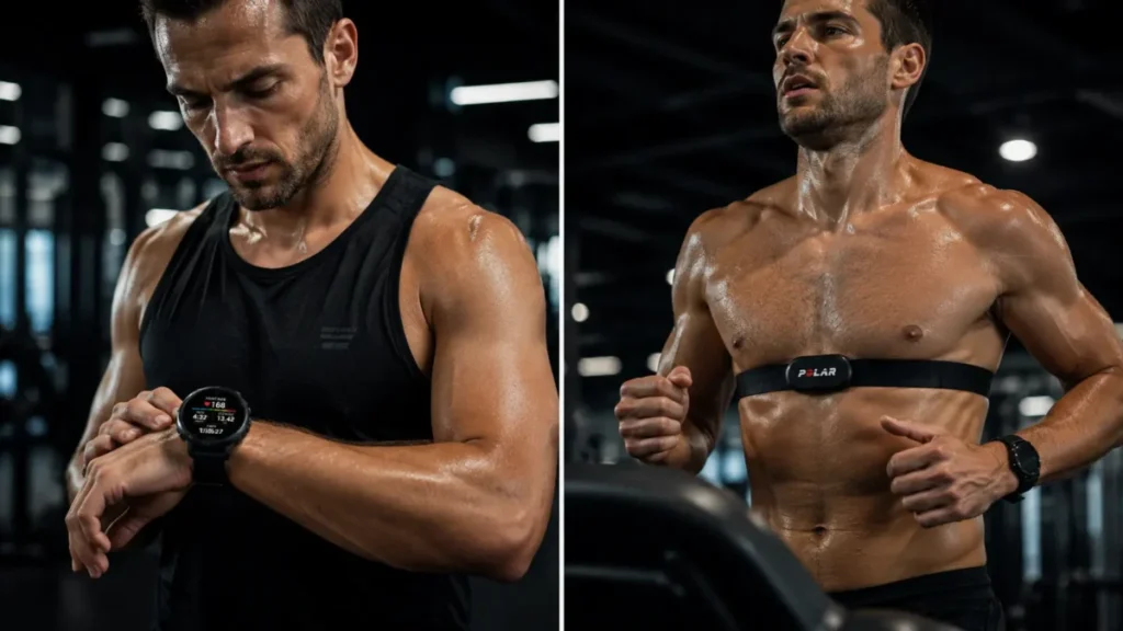 Como Escolher o Melhor Smartwatch para Treino em 2026 3 Atleta na academia usando smartwatch no pulso e cinta peitoral de medição cardíaca.