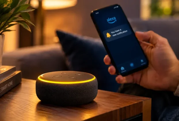 Descubra o que significa a alexa com luz amarela o que significa no anel de LED do alto-falante inteligente sobre a mesa
