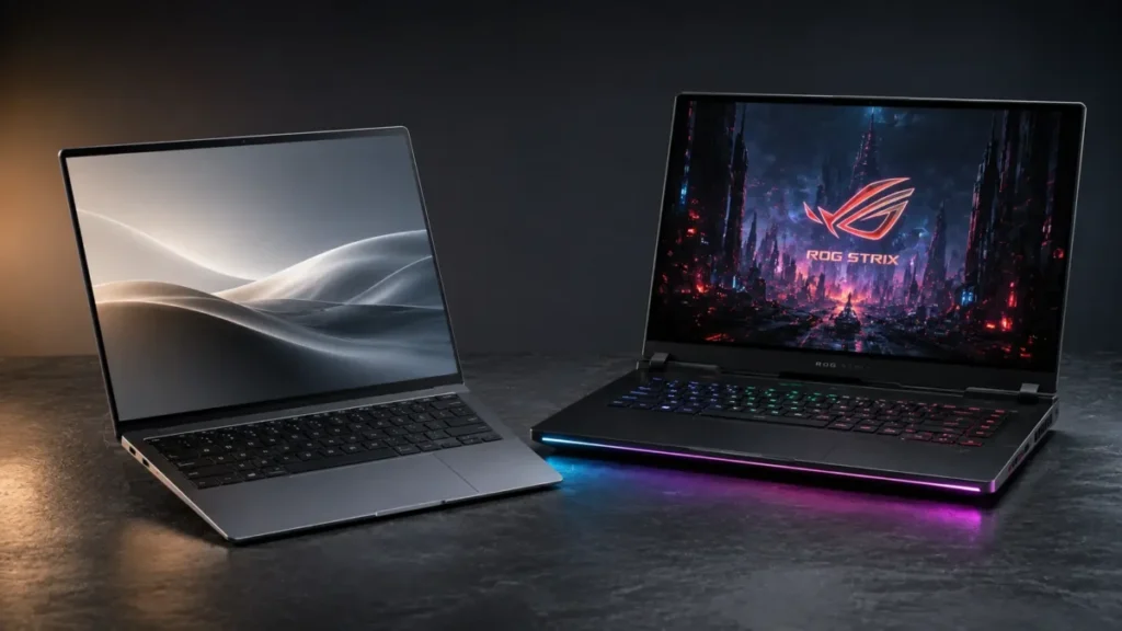 Comparativo visual entre um ultrabook ultrafino de alumínio e um notebook gamer.
