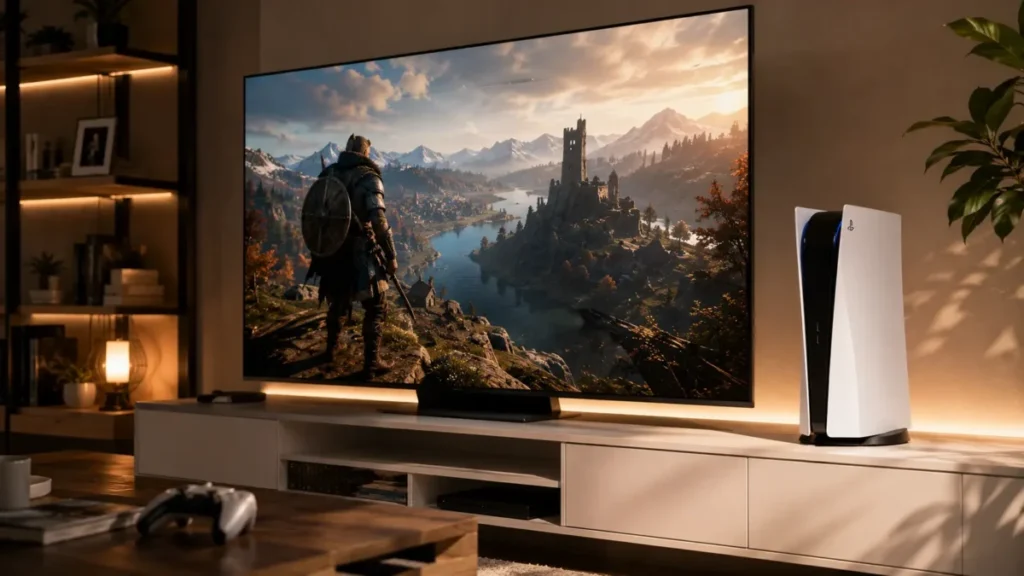 Melhor Video Game em 2026: Guia de Como Escolher o Console Ideal para Seu Perfil e Orçamento 3 Console de videogame de última geração ao lado de uma TV 4K em uma sala moderna.