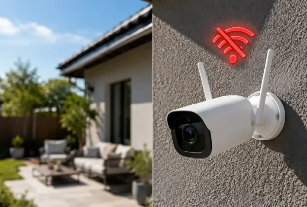 O que fazer quando a camera de seguranca externa desconecta do wi-fi e fica off-line na parede de casa