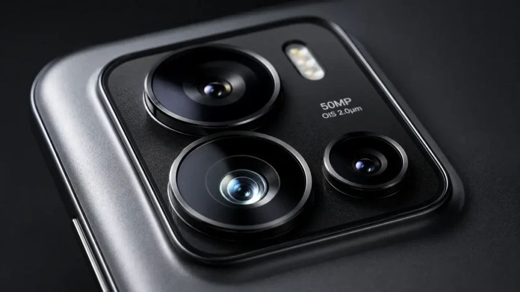 Melhor Celular Custo Benefício em 2026: Como Escolher o Smartphone Ideal Sem Gastar Muito 3 Detalhe do módulo de lentes de câmera traseira de um smartphone intermediário premium.