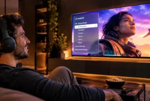 Pessoa assistindo filme à noite e aprendendo como conectar fone bluetooth na tv lg na sala de estar