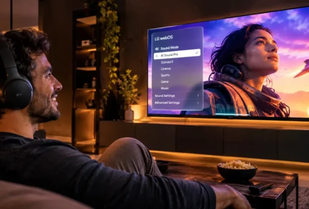 Pessoa assistindo filme à noite e aprendendo como conectar fone bluetooth na tv lg na sala de estar