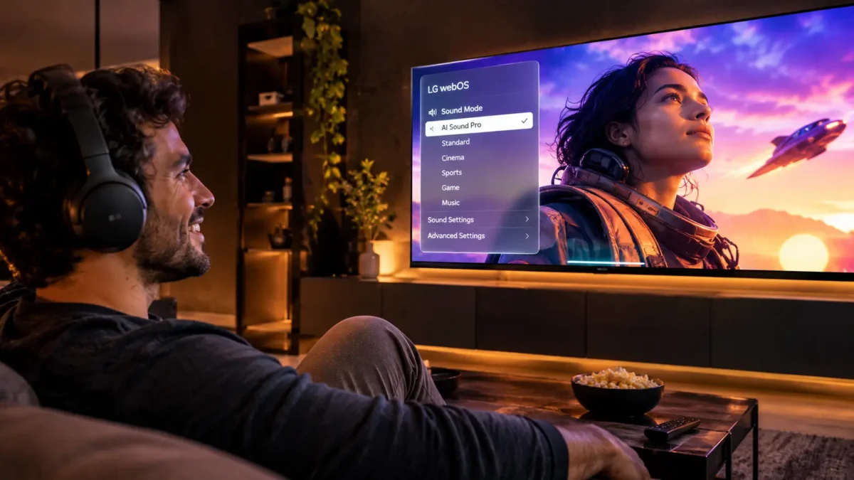 Como Conectar Fone Bluetooth na TV LG e Samsung sem Atraso no Som 1 Pessoa assistindo filme à noite e aprendendo como conectar fone bluetooth na tv lg na sala de estar