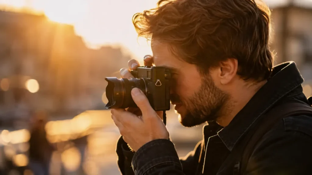Fotógrafo segurando câmera digital ao ar livre fotografando durante o pôr do sol.