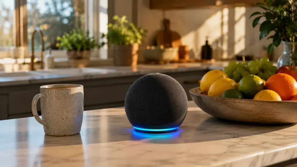 Smart speaker esférico em bancada de mármore de cozinha moderna ao lado de utensílios.