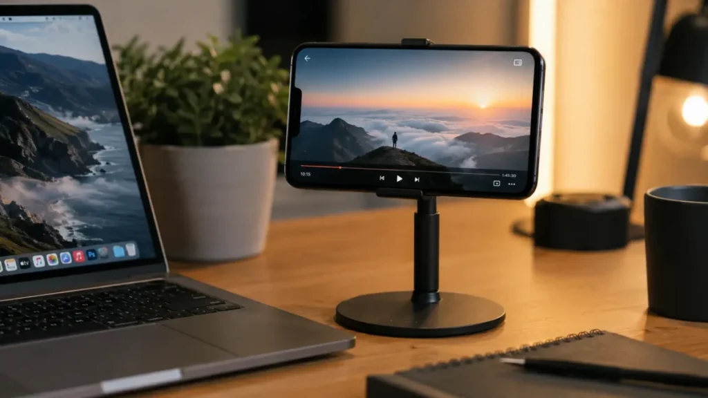 Melhor Celular Custo Benefício em 2026: Como Escolher o Smartphone Ideal Sem Gastar Muito 4 Smartphone em um suporte de mesa ao lado de um notebook em um ambiente de trabalho organizado.