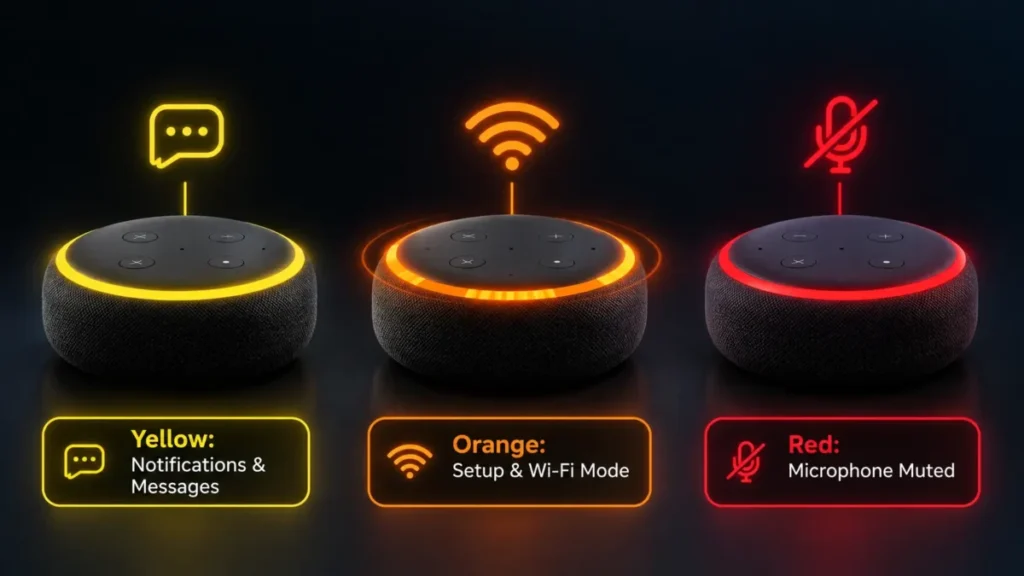 Alexa com Luz Amarela o que Significa e Como Resolver Rapidamente 2 Diagrama 3D comparando as cores das luzes amarela laranja e vermelha no anel do dispositivo alexa