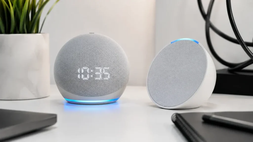 Dispositivos Echo Dot com relógio digital e Echo Pop lado a lado sobre uma mesa branca.