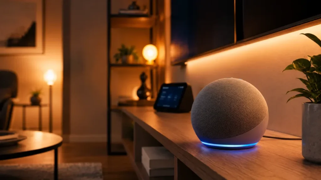 Caixinha de som inteligente Echo Dot em estante de sala iluminada por lâmpadas inteligentes.
