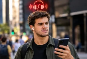 Homem na rua olhando o celular frustrado com fone bluetooth cortando audio em ambiente urbano