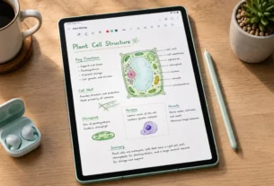 Tablet Samsung Galaxy Tab S9 FE verde com a caneta S Pen sobre mesa de trabalho em madeira com xicara de cafe