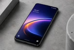 Smartphone moderno com tela AMOLED colorida acesa apoiado em uma superfície de concreto.