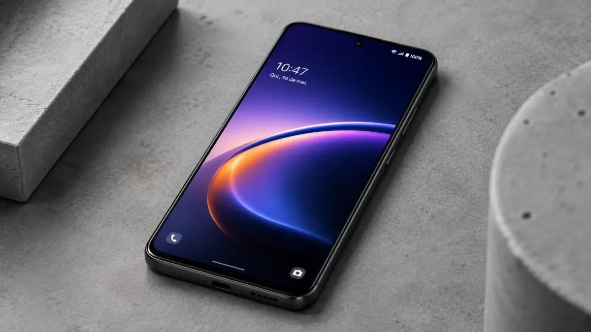 Melhor Celular Custo Benefício em 2026: Como Escolher o Smartphone Ideal Sem Gastar Muito 1 Smartphone moderno com tela AMOLED colorida acesa apoiado em uma superfície de concreto.