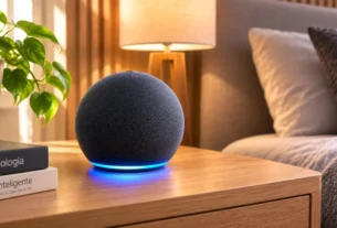 Smart speaker Echo Dot esférico com anel de luz azul aceso sobre mesa de cabeceira em quarto moderno.