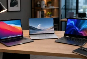 Três notebooks modernos de marcas diferentes abertos em uma mesa de trabalho de madeira.