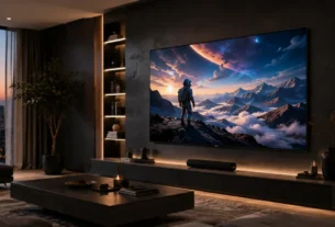 Smart TV de tela grande instalada em uma sala de estar moderna com iluminação aconchegante.