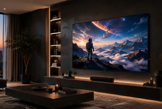 Smart TV de tela grande instalada em uma sala de estar moderna com iluminação aconchegante.