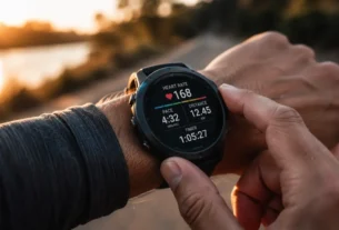Atleta usando um smartwatch de treino no pulso durante uma corrida ao ar livre.