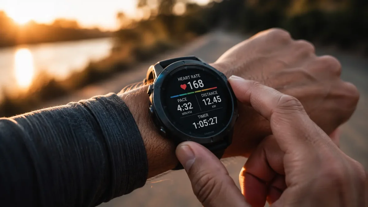Como Escolher o Melhor Smartwatch para Treino em 2026 1 Atleta usando um smartwatch de treino no pulso durante uma corrida ao ar livre.