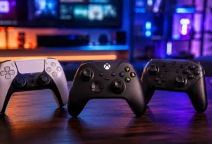 Controles de videogames modernos colocados juntos em uma mesa sob iluminação neon.