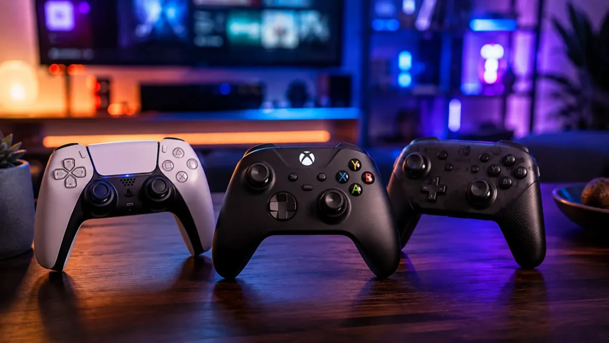 Melhor Video Game em 2026: Guia de Como Escolher o Console Ideal para Seu Perfil e Orçamento 1 Controles de videogames modernos colocados juntos em uma mesa sob iluminação neon.