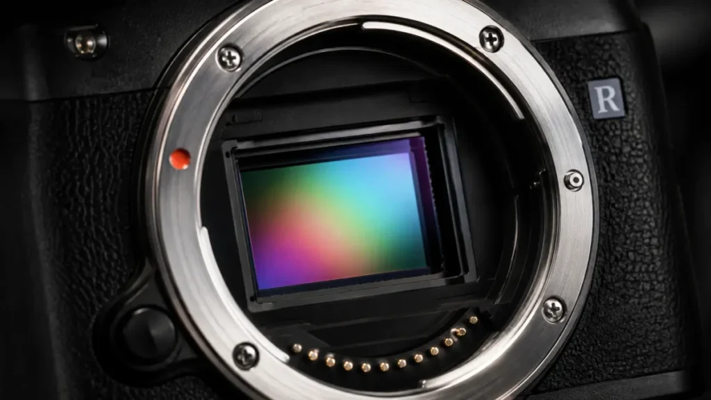Detalhe do sensor de imagem digital brilhante dentro do encaixe de lente de uma câmera mirrorless.