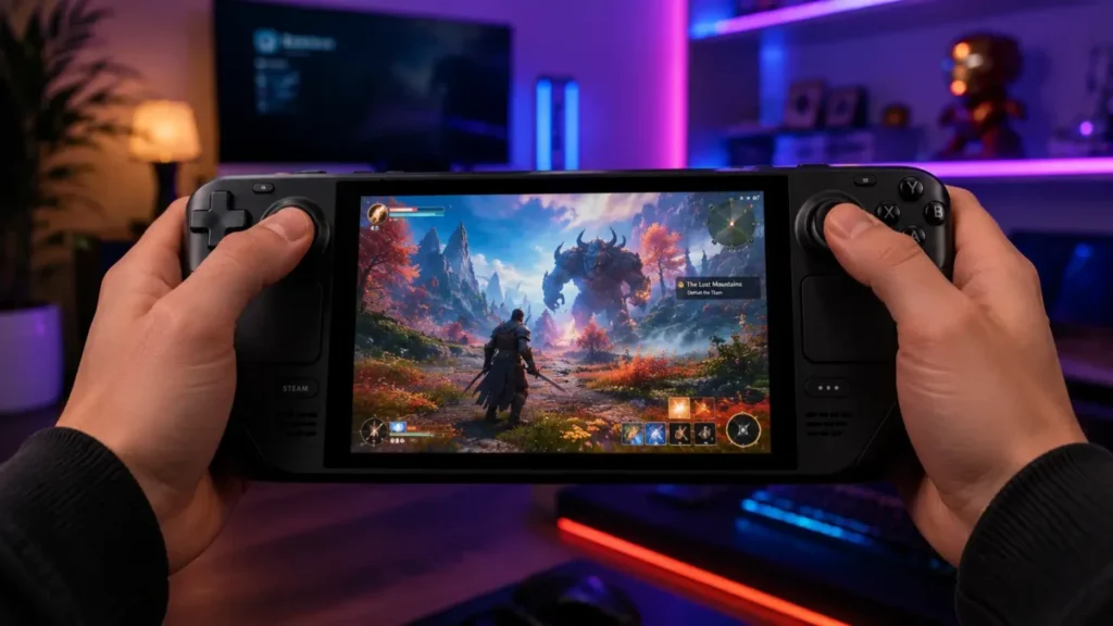 Melhor Video Game em 2026: Guia de Como Escolher o Console Ideal para Seu Perfil e Orçamento 2 Mão segurando um console portátil de videogame com jogo colorido na tela em ambiente gamer.
