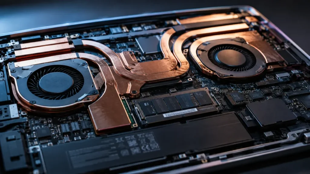 Visão interna detalhada da estrutura e do sistema de refrigeração de um notebook moderno.