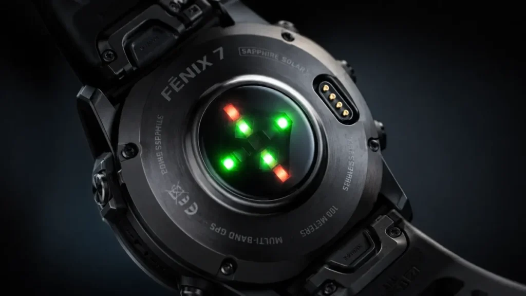 Como Escolher o Melhor Smartwatch para Treino em 2026 2 Sensores ópticos de frequência cardíaca acesos na parte traseira de um smartwatch esportivo.