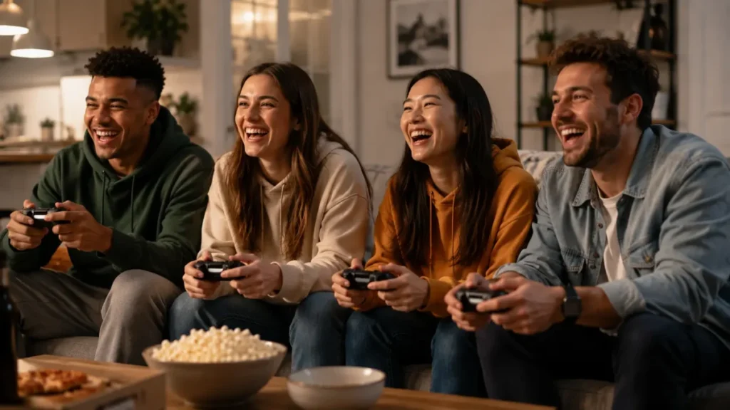 Melhor Video Game em 2026: Guia de Como Escolher o Console Ideal para Seu Perfil e Orçamento 4 Grupo de amigos sorrindo no sofá jogando videogame multiplayer com controles na mão.