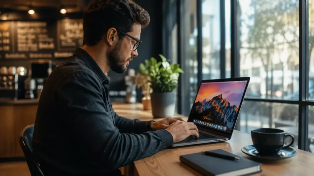 Pessoa trabalhando em um notebook com tela de alta qualidade em um ambiente corporativo iluminado.