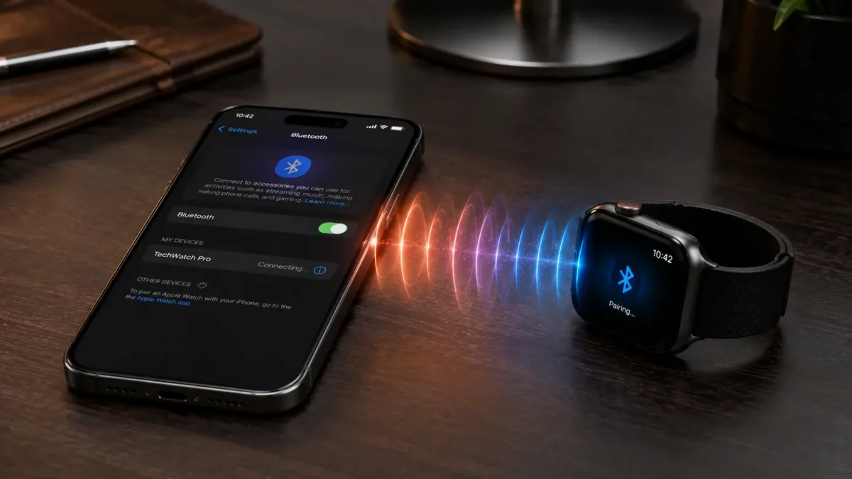 Solução para smartwatch nao conecta no celular em uma mesa de trabalho com iluminação tech