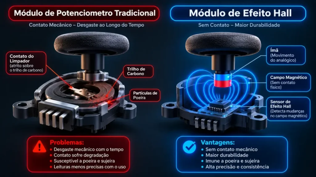 como Evitar Drift no Controle Ps5 ou Xbox: Prevenção e Solução 2 Diagrama 3D comparando a estrutura de potenciometro com pista de carbono e o sensor magnetico para evitar drift no analogico
