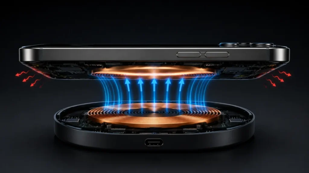 Carregador por Indução Estraga a Bateria do Celular? Mitos e Fatos 2 Diagrama 3D em corte transversal mostrando o alinhamento das bobinas de cobre e a dissipaçao de calor entre o celular e a base de induçao